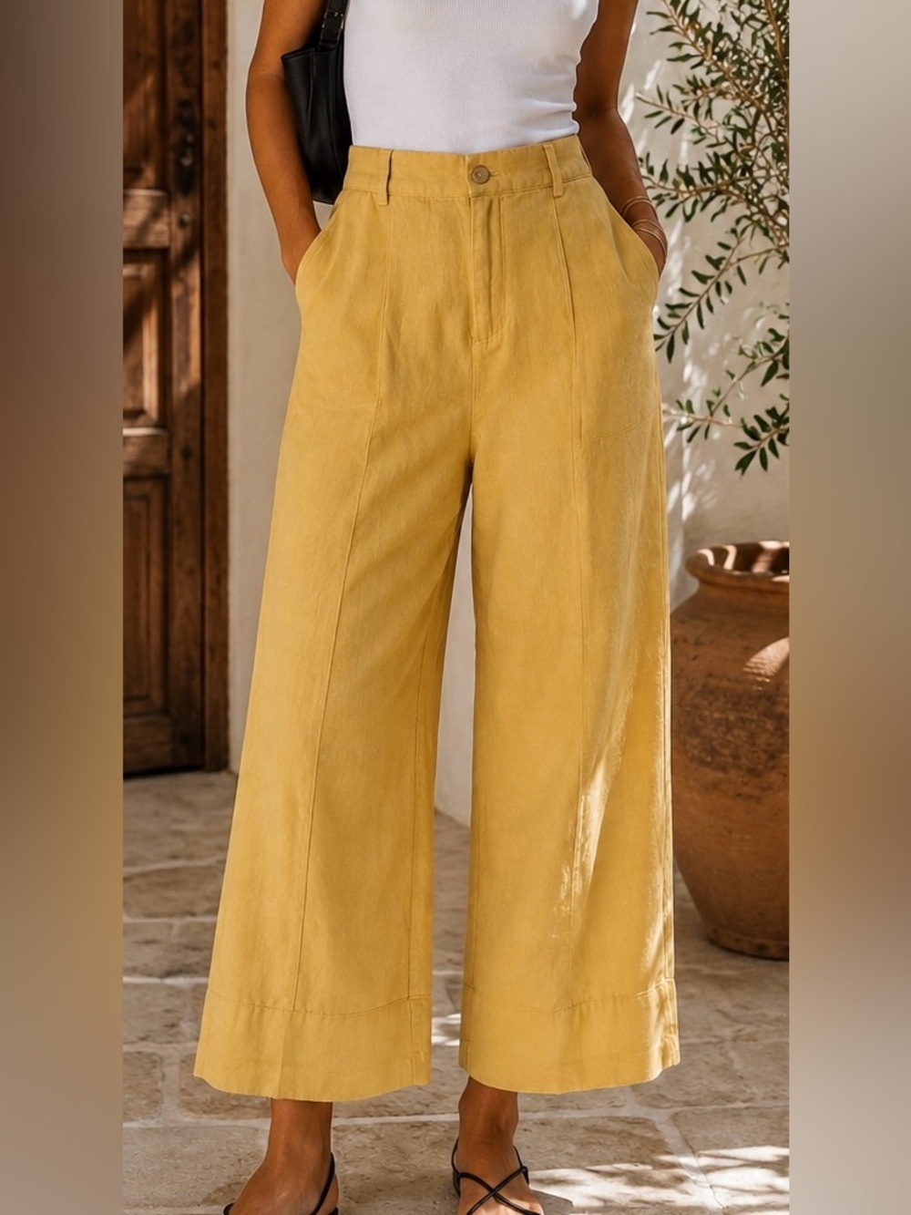 Joie Mustard Yellow Linen Blend Wide Leg Cropped Pants High Rise Size M - Picture 1 of 8